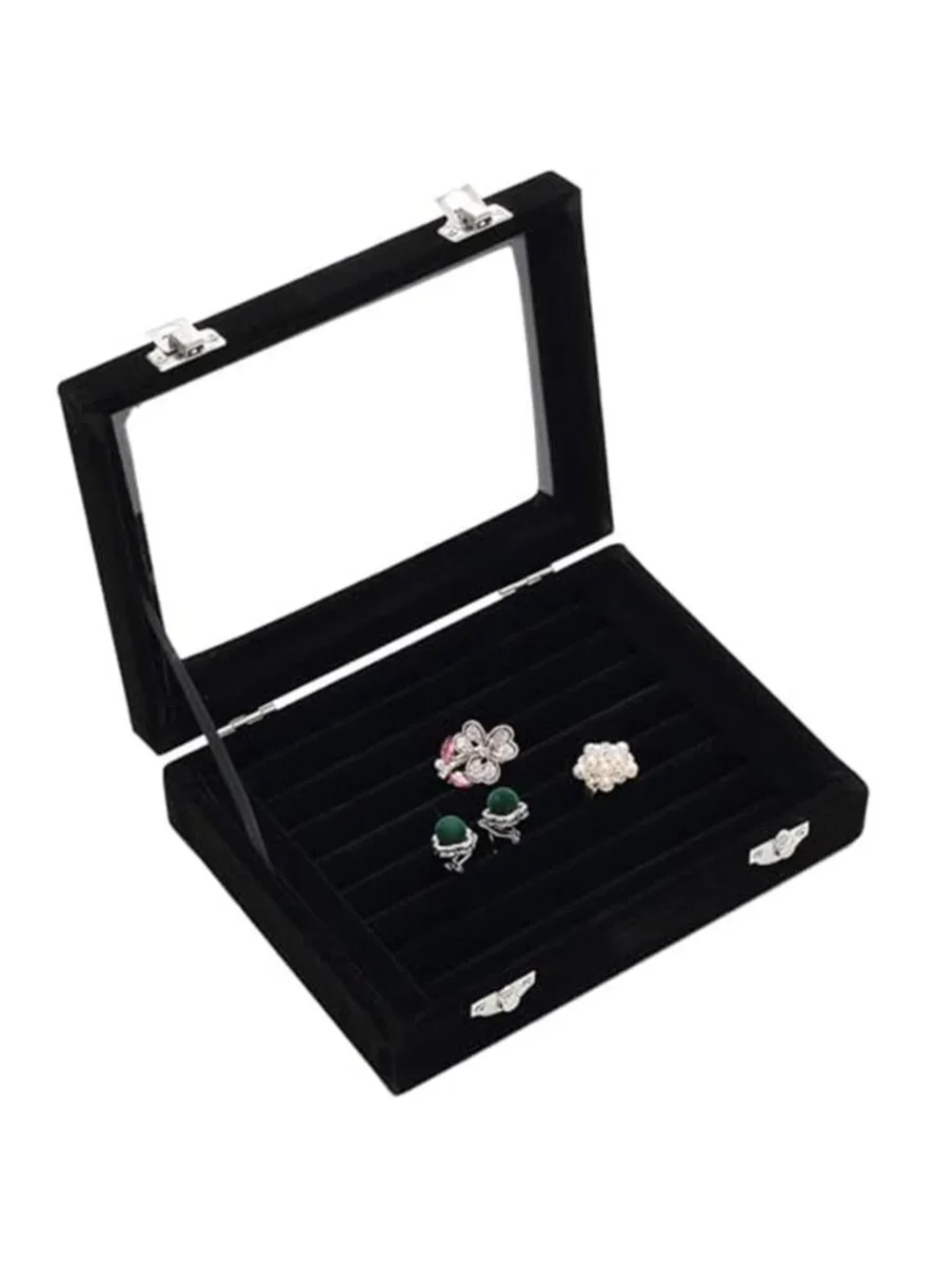 Black Velvet Ring Organizer Tray 7 Slots Transparent Lid Dustproof Jewelry Box